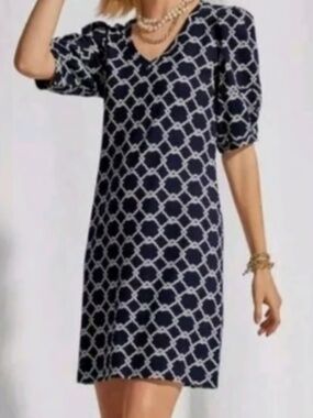Cabi Navy Dress w/ Puff Sleeves and White Nautical Rope Print